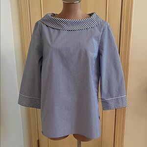 TALBOTS Career Preppy Modest Retro Collar 3/4 SLV Navy White Stripe Blouse SZ L